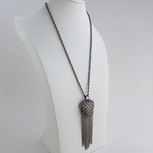 Vintage Tassel Chain Necklace Heart Shape Pendant Silver Tone Long